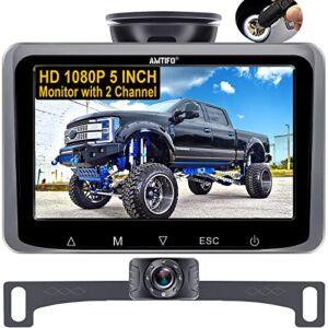 Backup Camera HD 1080P 5 Inch Monitor License Plate Rear View System for Car Truck SUV Van Camper Reverse Cam 2 Channals Easy Installation Clear Night Vision DIY Guide Lines AMTIFO A12