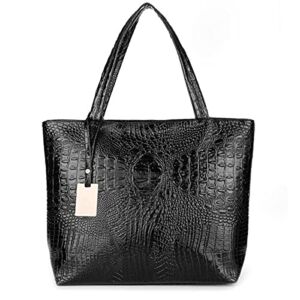 Cyber Sale Monday Deals Womens Crocodile Large Tote Handbag Purse Shoulder Bag (Black)