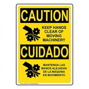 ComplianceSigns.com CAUTION Keep Hands Clear Of Moving Machinery English + Spanish OSHA Safety Label Decal, 5×3.5 in. Vinyl 4-Pack