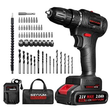 SEYVUM P10 21V Cordless Drill Set, [Powerful Brushless Motor] [Compact], Power Drill Driver, Electric Drill with Li-ion Battery, Fast Charger, Variable Speed, 57pcs Drill Bits with Tool Bag | The Storepaperoomates Retail Market - Fast Affordable Shopping