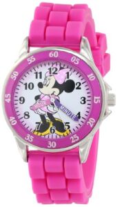 Accutime Disney Minnie Mouse Kids’ Analog Watch with Silver-Tone Casing, Pink Bezel, Pink Strap – Official Minnie Mouse Character on The Dial, Time-Teacher Watch, Safe for Children – Model: MN1157