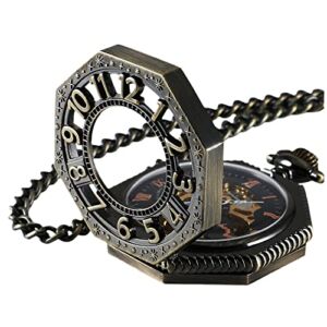 Carrie Hughes Men’s Steampunk Vintage Railroad Octagon Skeleton Mechanical Pocket Watch with Chain Dad Gifts CHPW02