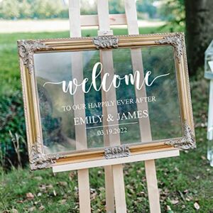Vinyl Art Decal – Custom Welcome to Our Happily Ever After – 17″ x 30″ – Cute Elegant Sticker Personalized Wedding Greeting Bride Groom Marriage Reception Hall Garden Buffett Entrance Decor (White)