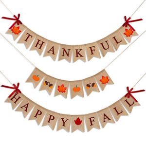 3 Pieces Happy Fall Thankful Burlap Banner Thanksgiving Fall Harvest Autumn Decorations Pumpkin Maple Leaf Acorn Banner for Thanksgiving Hanging Decoration