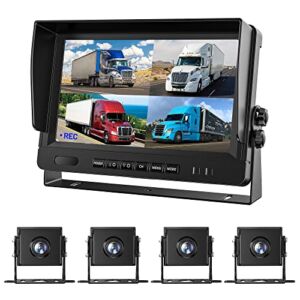 9″ AHD Truck Parking Backup System & Built-in DVR Surveillance IPS Screen 4 Cameras 4-Channel Separate 720P HD Recording for Truck Bus Trailer Motorhome 12V-24V No-Light Night Vision 4-PIN Shockproof