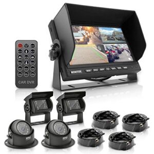 Multi-Camera Monitor Video System Kit – 7” Quad View LCD Display Screen Waterproof Rated Round & Square Rear View Backup Cameras w/ Night Vision Illumination & DVR Recording – Pyle PLCMTRDVR48