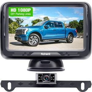Backup Camera Monitor HD 1080P Night Vision Waterproof Car Truck License Plate Back Up Rear View Reverse Cam Kit 2 Video Channels DIY Gridlines Rohent R1