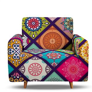 Hosima Mandala Couch Cover for 1 Cushion Couch,Bohemian Armchair Slipcover,Floral Pattern Printed Sofa Cover,Living Room Stretch Sofa Slipcover for 1 Seater Furniture Covers
