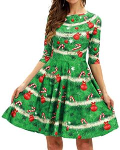 GLUDEAR Christmas Dress, Womens Xmas Tree Printed Gifts A-Line Party Cocktail Dress,Ugly Christmas Tree,L/XL