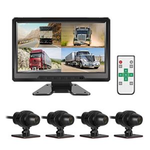 VSYSTO 10.1” Monitor 4CH Truck Dash Cam with Sunshade, 1/2/3/4 Split Screen Backup Camera System with Night Vision Front & Sides & Rear Cameras for Semi Trailer Van Tractor RVs