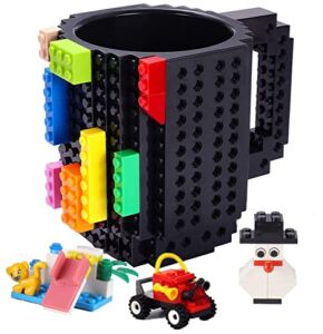 POXIWIN Build-on Brick Coffee Mug,Creative DIY Building Blocks Cup with 3 Packs of Blocks randomly,Novelty Gifts for Kids Men Women Birthday Xmas,Black