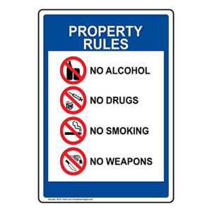 ComplianceSigns.com Property Rules No Alcohol No Drugs No Smoking No Weapons Label Decal, 7×5 inch Vinyl for Alcohol / Drugs / Weapons, Made in USA
