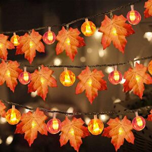 3 Pack Thanksgiving Garland with Pumpkin Lights & Enlarged Maple Thanksgiving Halloween Pumpkins Lights Fall String Lights, 30Ft 60LED Waterproof Battery Operated Fall Decorations Home Indoor Outdoor