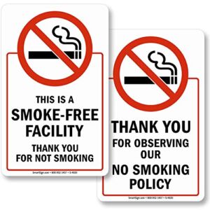 SmartSign No Smoking Sticker, This is a Smoke Free Facility Two-Sided Glass Decal for Doors & Windows | 8″x5″ Polyester