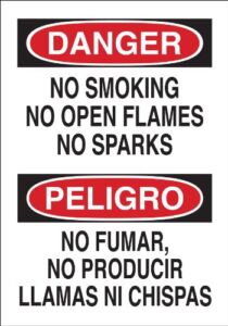 Brady 38928 Plastic, 14″ X 10″ Danger/Peligro Sign Legend, “No Smoking No Open Flames No Sparks/No Fumar No Producir Llamas No Chispas De Fuego”