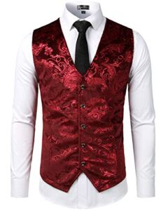 ZEROYAA Mens Hipster Burgundy Paisley Single Breasted Suit Dress Vest/Tuxedo Waistcoat Z49 Burgundy XX Large