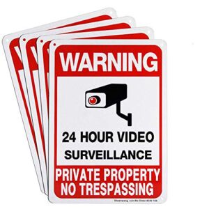Sheenwang 4-Pack Private Property No Trespassing Sign, Video Surveillance Signs Outdoor, UV Printed .040 Mil Rust Free Aluminum 10 x 7 in, Security Camera Sign for Home, Business, Driveway Alert, CCTV