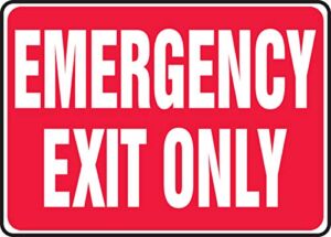 Accuform Signs MEXT586VS Adhesive Vinyl Safety Sign, Legend”Emergency EXIT ONLY”, 7″ Length x 10″ Width x 0.004″ Thickness, White on Red
