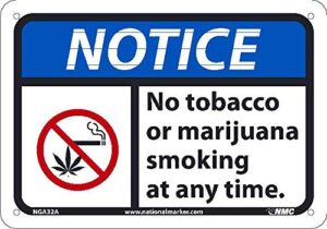 NMC NGA32A Notice – No Marijuana Tobacco Smoking at Any time Sign – 10 in. x 7 in, Aluminum Notice Sign with Graphic, White/Black Text on Blue/White