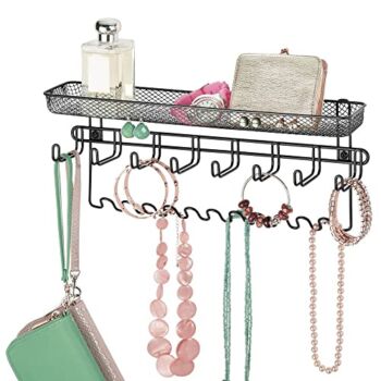 mDesign Steel Wall Mount Closet Jewelry Storage Organizer Rack Holder with 8 Hooks and Basket for Bedroom – Holds Necklaces, Bracelets, Watches, Sunglasses, Purses – Concerto Collection – Black | The Storepaperoomates Retail Market - Fast Affordable Shopping