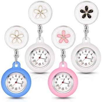 4 Pieces Nurse Watch for Nurses Doctors, Clip-on Hanging Lapel Nurse Watch Silicone Cover Brooch Fob Pocket Watch Badge Reel Retractable Digital Watch (Pink, Black Flower, Blue, White) | The Storepaperoomates Retail Market - Fast Affordable Shopping