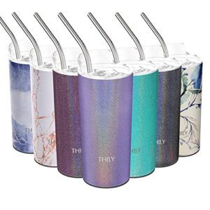 Stainless Steel Insulated Skinny Tumbler – THILY 16 oz Travel Mug with Lid and Straw, Keep Cold for Ice Water, Coffee, Juice, Drinks, Glitter Lavender