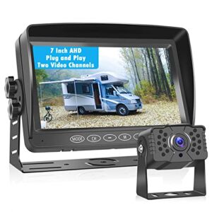 Roinvou RV Backup Camera System 7 Inch Full Monitor DIY Grid Lines Waterproof Rear View Camera with Wide Viewing Angle Night Vision 18 IR LED Truck Wired Back Up Camera for Car Trailer Van Camper SUV