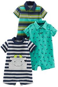 Simple Joys by Carter’s Baby Boys’ Rompers, Pack of 3, Grey/Navy/Blue, Stripe/Dinosaur, 6-9 Months