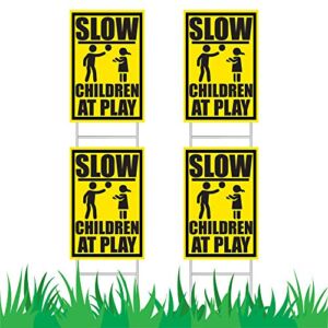 JekStar Slow Down Children at Play Caution Signs Set W/Stakes│Kids Playing Warning Traffic Sign for Neighborhood Streets│Unattended Children Safety Alert Sign Kit – 4 PK