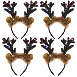 Lurrose 4pcs Christmas Reindeer Antler Headband Light Up Animal Deer Hair Bands Costume Holiday Xmas Party Glowing Hair Accessories