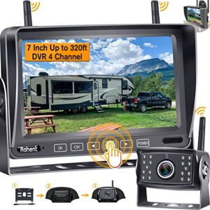 RV Backup Camera Wireless Bluetooth WiFi Rear View 7 Inch Monitor Touch Key DVR Four Channels HD 1080P System Waterproof Night Vision Pigtail Wire Adapter for Furrion Pre-Wired RVs Rohent R7
