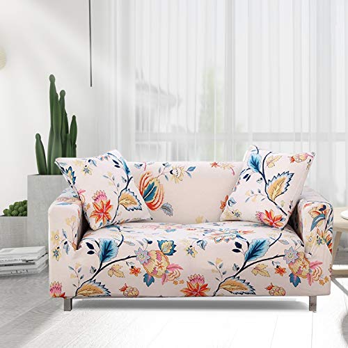 HOTNIU Stretch Sofa Cover Printed Couch Covers Loveseat Slipcovers for 2 Cushion Couches Sofas Elastic Universal Furniture Protector with 1 Pillowcase (Medium, White Flower) | The Storepaperoomates Retail Market - Fast Affordable Shopping