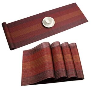 Pauwer Placemats Set of 6 with Table Runner Fall Christmas Heat Resistant Washable Woven Vinyl Placemats and Runners for Dining Table Wipe Clean
