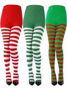 3 Pairs Christmas Striped Tights Full Length Tights Thigh High Stocking for Christmas Halloween Costume Accessory(3 Colors C, Adult Size)