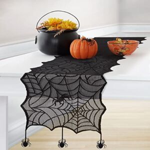 Elrene Home Fashions Crawling Spider Halloween Lace Table Runner, Seasonal Halloween Table Runner, 13″ x 70″, Black