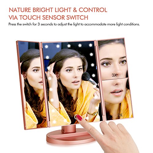 Flymiro Tri-fold Lighted Vanity Makeup Mirror with 3x/2x Magnification,21 LEDs Light and Touch Screen,180 Degree Free Rotation Countertop Cosmetic Mirror,Travel Makeup Mirror (Rose Gold) | The Storepaperoomates Retail Market - Fast Affordable Shopping