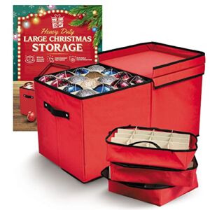 Holiday Cheer Premium Christmas Ornament Storage with 8 Tray – Christmas Storage Container with Dividers Perfect for Holiday Decorations – Fits 128 Holiday Ornaments – Tear-Proof Fabric (Red)