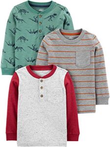 Simple Joys by Carter’s Baby Boys’ Long-Sleeve Shirt, Pack of 3, Dinosaur/Stripe, 12 Months
