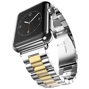 U191U Band Compatible with Apple Watch Stainless Steel Wristband Metal Buckle Clasp iWatch 38mm 40mm 41mm Strap Bracelet for Apple Watch Series 7/6/5/4/3/2/1 Sports Edition (Silver/Gold, 38/40/41MM)