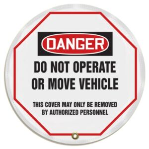 Accuform KDD832 STOPOUT Vinyl Steering Wheel Message Cover, OSHA-Style Legend “DANGER DO NOT OPERATE OR MOVE VEHICLE – THIS COVER MAY ONLY BE REMOVED BY AUTHORIZED PERSONNEL”, 24″ Diameter, Red/Black on White