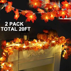 2 Pack Thanksgiving Decorations Enlarged Maple Leaves Thanksgiving Decor Fall Lights Thick Leaf Garlands,Total 20Ft 40LED Lights Battery Operated Waterproof Fall Decor Home Indoor Outdoor Decoration