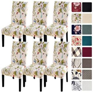 SearchI Dining Room Chair Covers Slipcovers Set of 6, Spandex Super Fit Stretch Removable Washable Kitchen Parsons Chair Covers Protector for Dining Room,Hotel,Ceremony,Beige+Flowers
