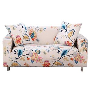 HOTNIU Stretch Sofa Cover Printed Couch Covers Loveseat Slipcovers for 2 Cushion Couches Sofas Elastic Universal Furniture Protector with 1 Pillowcase (Medium, White Flower)