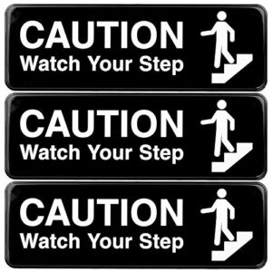 Excello Global Products Caution Watch Your Step Sign: for Business Restaurants Offices Indoor Outdoor Use Easy to Mount Informative Plastic Sign with Symbols 9×3, Pack of 3 (Black)