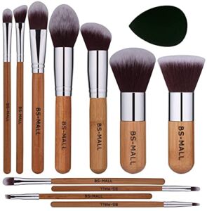 BS-MALL Makeup Brush Set 11Pcs Bamboo Synthetic Kabuki Brush Set Foundation Powder Blending Concealer Eye shadows Blush Cosmetics Brushes with Organizer Bag & Makeup Sponge…
