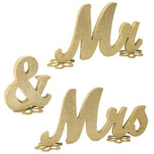 Wooden Gold Glitter Mr & Mrs Signs,Freestanding Letters Mr and Mrs with Base Signs Wedding Sweetheart Table Decorations,Gold