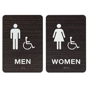 Men & Women ADA Restroom (Bathroom) Signs w/Braille (Modern Chic Dark Woodgrain) with Double Sided 3M Tape – Made in USA