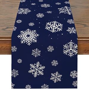 Christmas Table Runner, Winter Table Runner Navy Blue Snowflakes Christmas Table Decorations for Indoor Outdoor Christmas Party Dining Table Decor (13″ x 90″)