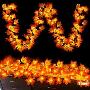 [Timer] 2 Pack Thanksgiving Fall Garland Total 20Ft 40 LED, Thick Maple Leaves Lifelike Garland Fall String Lights Battery Operated Thanksgiving Fall Decorations for Home Mantle Autumn Indoor Outdoor