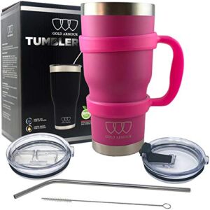 Gold Armour 30 oz Tumbler – 6 Piece Stainless Steel Insulated Water & Coffee Cup Tumbler with Straw, 2 Lids, Handle, Straw – 18/8 Double Vacuum Insulated Travel Flask (Pink)